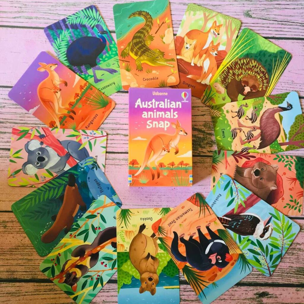 Angielska gra „Australian Animals Snap" z kartami zwierząt Australii i figurkami koali, kangura i dziobaka